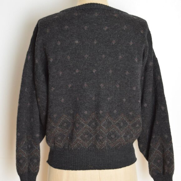 vintage 80s merino wool cardigan sweater jumper grandpa boyfriend charcoal M L - Picture 8 of 10
